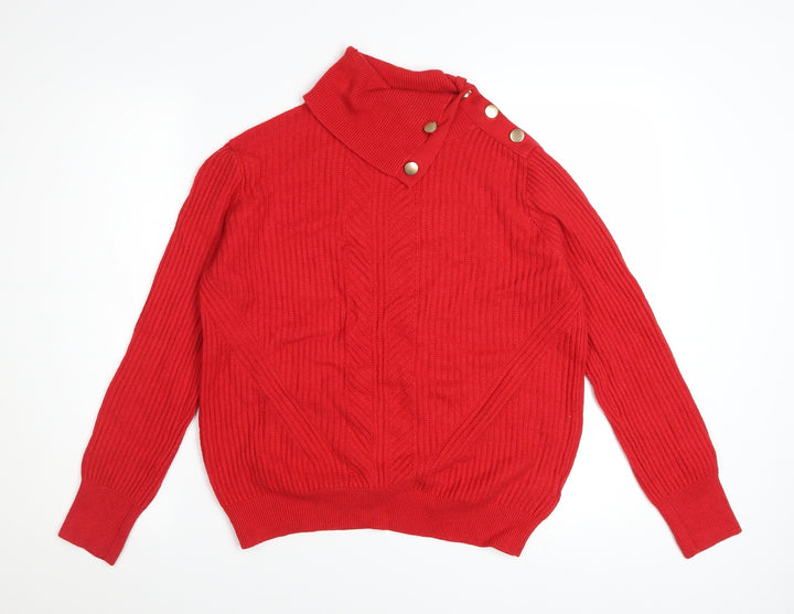 Marks and Spencer Women's Red High Neck Ribbed Button Jumper Size 12