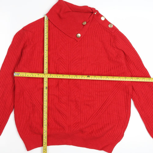 Marks and Spencer Women's Red High Neck Ribbed Button Jumper Size 12