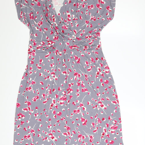 EAST Women Grey Floral Ruched V-Neck Knee Length Wrap Dress Size 10