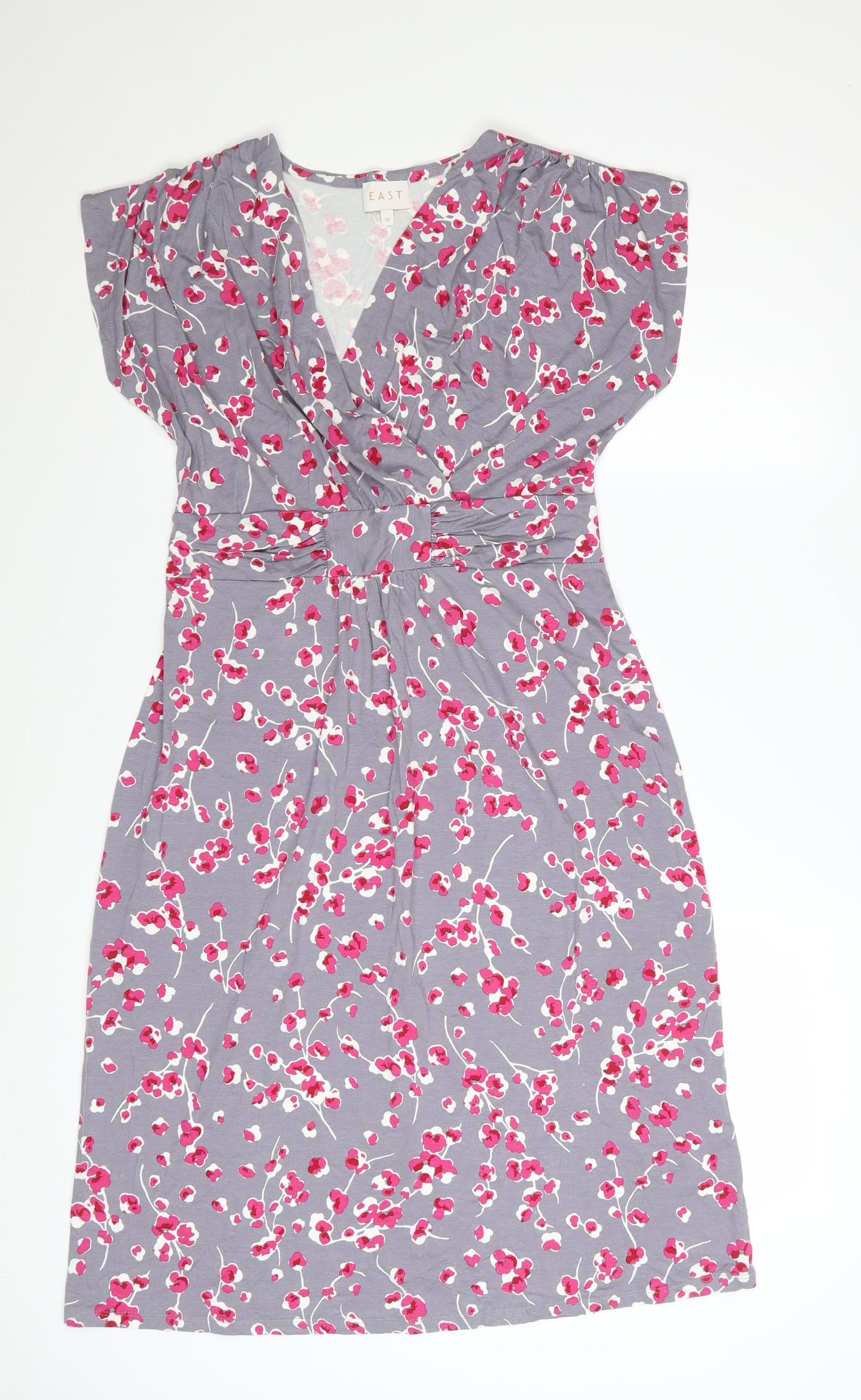 EAST Women Grey Floral Ruched V-Neck Knee Length Wrap Dress Size 10
