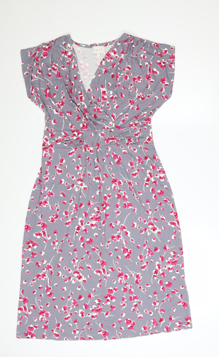 EAST Women Grey Floral Ruched V-Neck Knee Length Wrap Dress Size 10