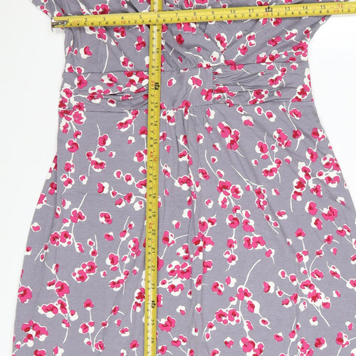 EAST Women Grey Floral Ruched V-Neck Knee Length Wrap Dress Size 10