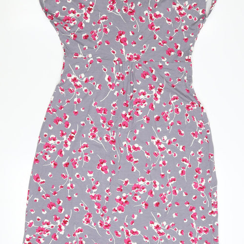 EAST Women Grey Floral Ruched V-Neck Knee Length Wrap Dress Size 10