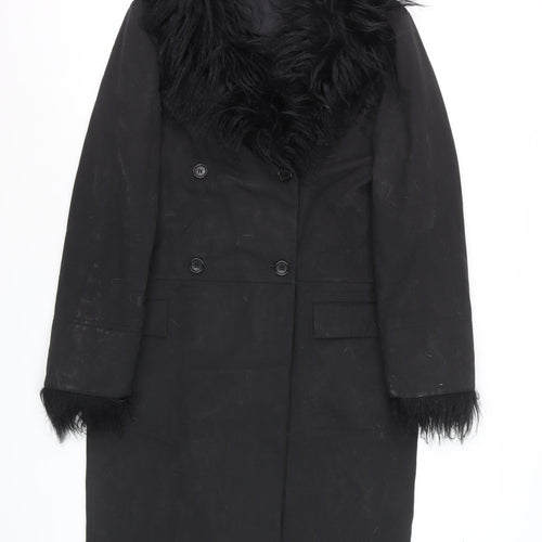 Future Ozbek Women's Black Long Wool Fur Trim Overcoat Size 10