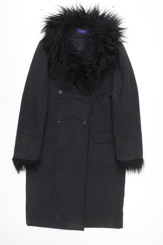 Future Ozbek Women's Black Long Wool Fur Trim Overcoat Size 10