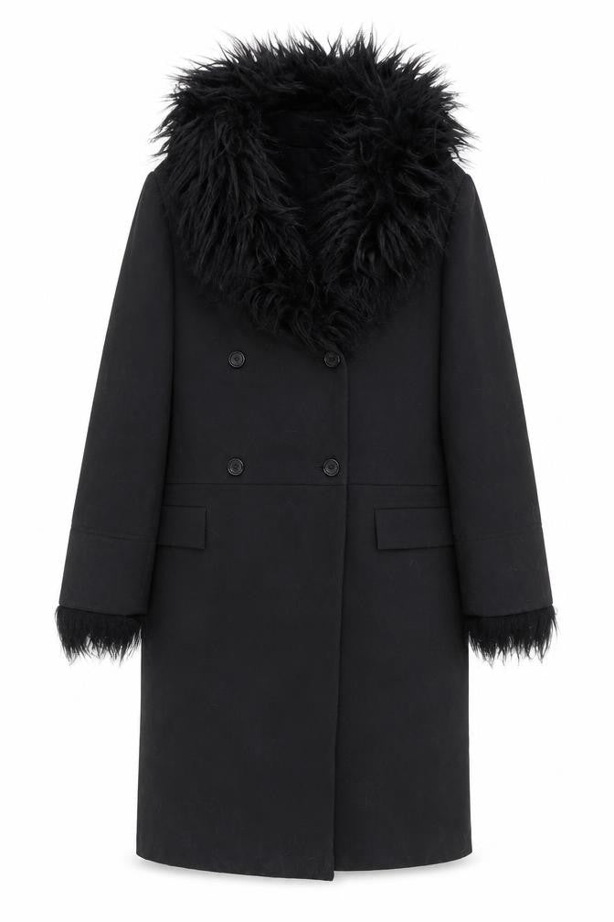 Front view of Future Ozbek Women's Black Long Wool Fur Trim Overcoat, size 10