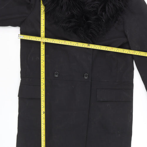 Future Ozbek Women's Black Long Wool Fur Trim Overcoat Size 10