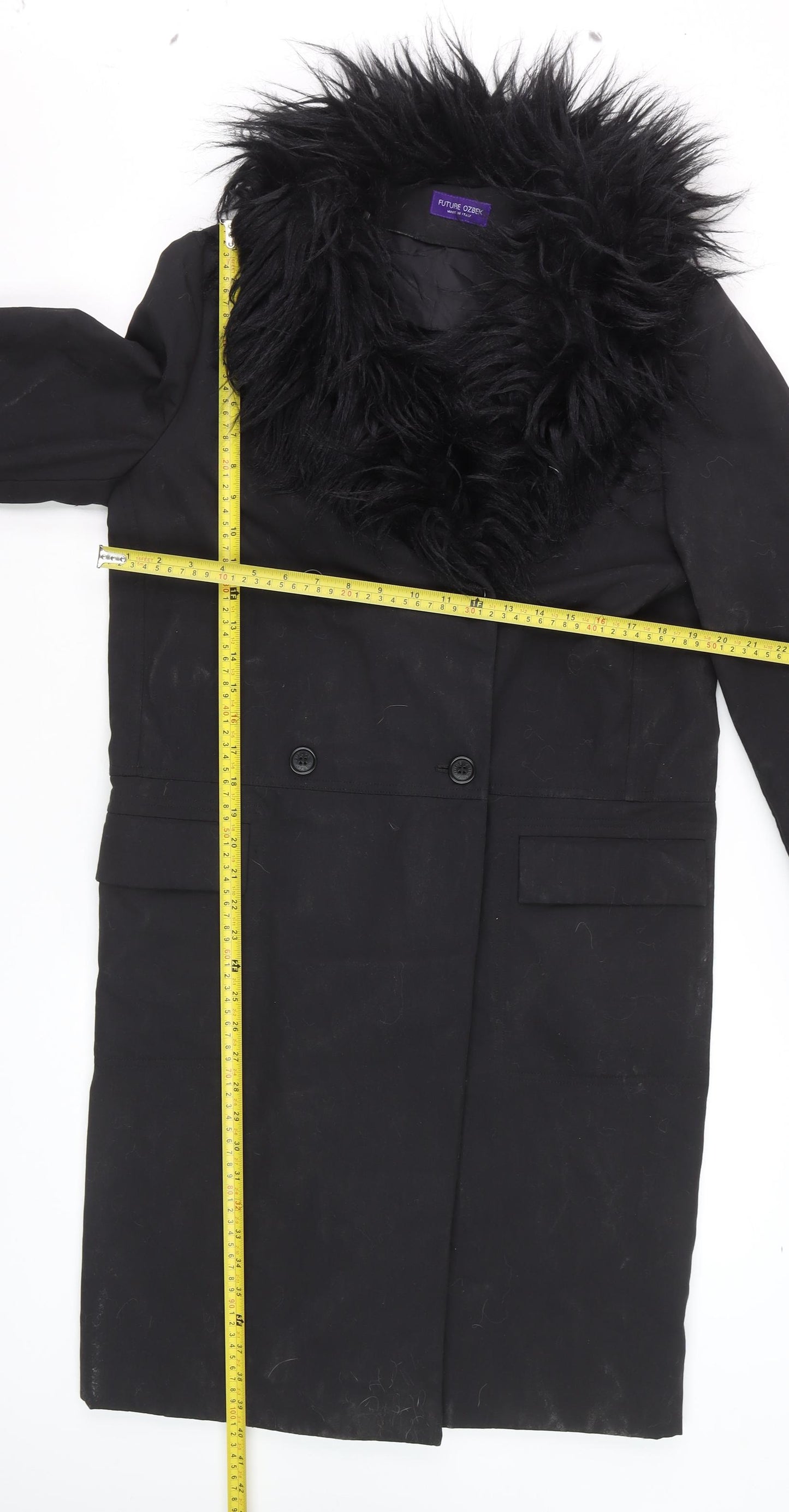 Future Ozbek Women's Black Long Wool Fur Trim Overcoat Size 10