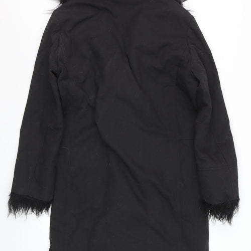 Future Ozbek Women's Black Long Wool Fur Trim Overcoat Size 10