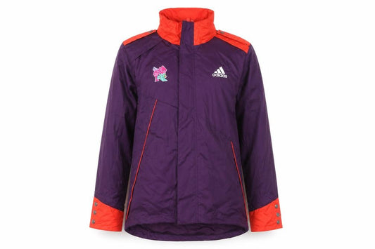 Front view of Adidas Women's Purple Waterproof London 2012 Hooded Jacket, size M