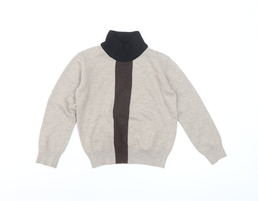 Harper James Boys Beige Brown Roll Neck Pullover Jumper Size 7 Years