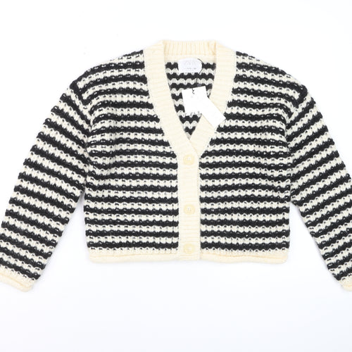 ZARA Girls Black & Beige Striped Cardigan 11-12 Years Acrylic Blend Knit