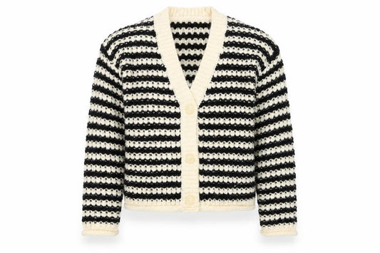 Front view of Zara girls’ black & beige striped cardigan 11-12 years acrylic blend knit
