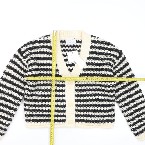 ZARA Girls Black & Beige Striped Cardigan 11-12 Years Acrylic Blend Knit