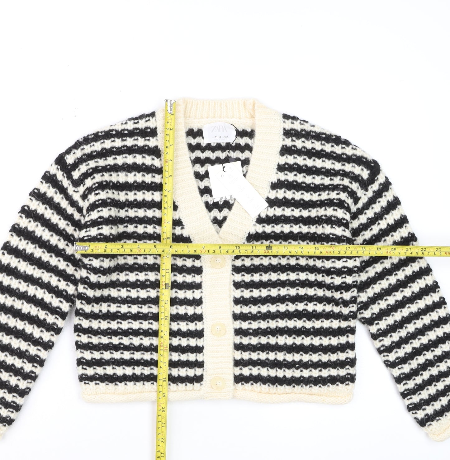 ZARA Girls Black & Beige Striped Cardigan 11-12 Years Acrylic Blend Knit