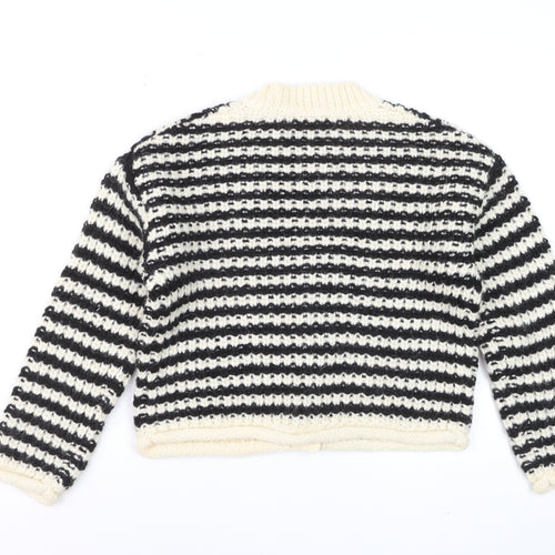 ZARA Girls Black & Beige Striped Cardigan 11-12 Years Acrylic Blend Knit