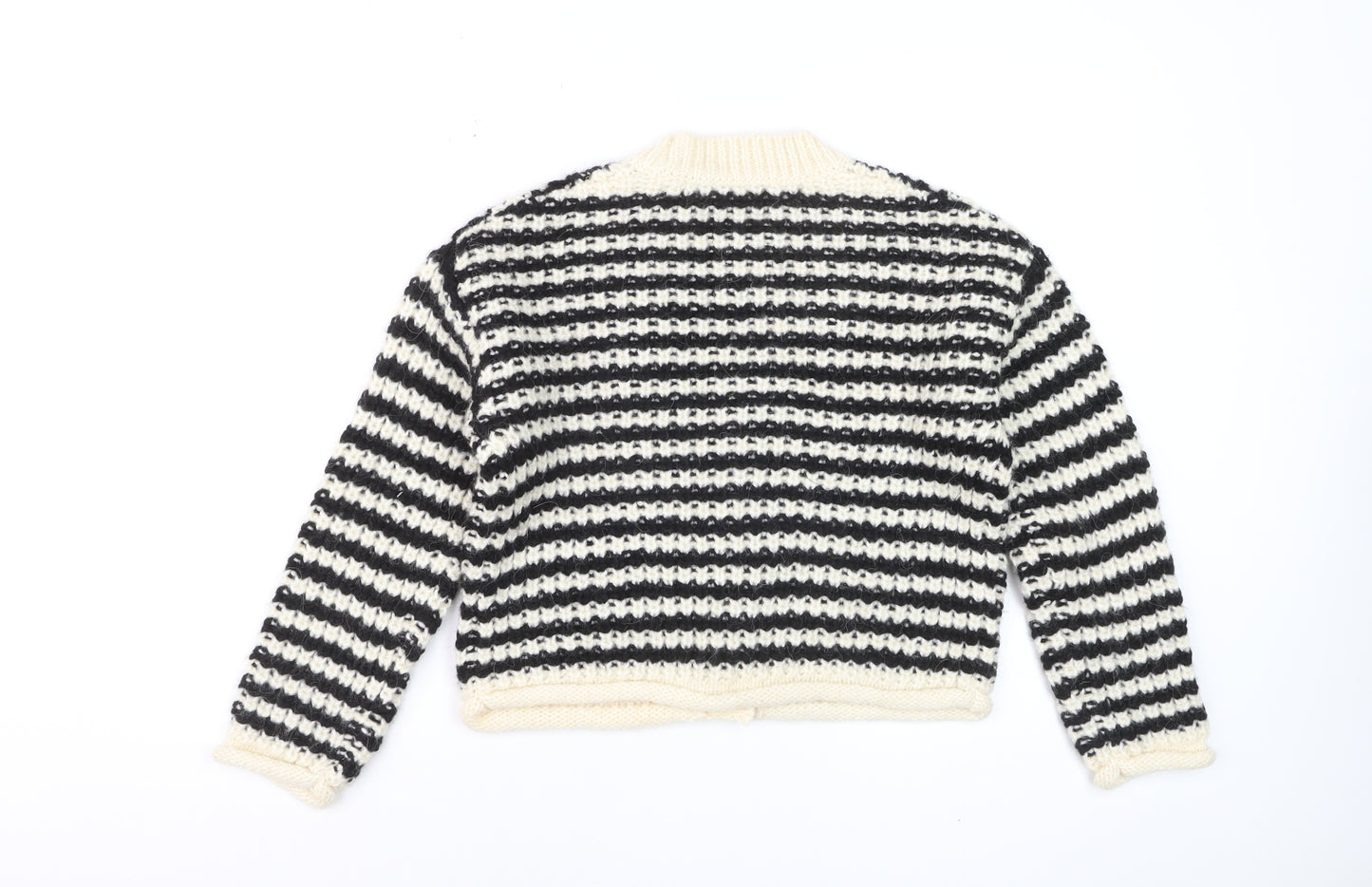 ZARA Girls Black & Beige Striped Cardigan 11-12 Years Acrylic Blend Knit