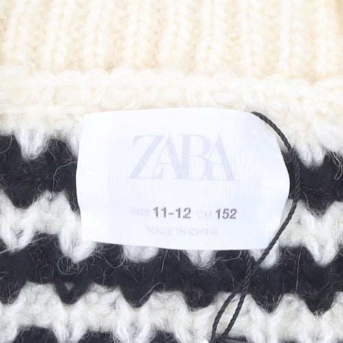 ZARA Girls Black & Beige Striped Cardigan 11-12 Years Acrylic Blend Knit
