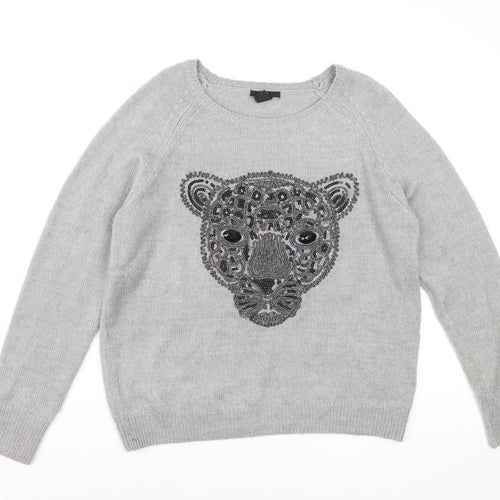 H&M Women Grey Beaded Animal Pullover Jumper Size 12