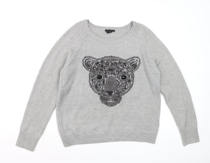 H&M Women Grey Beaded Animal Pullover Jumper Size 12