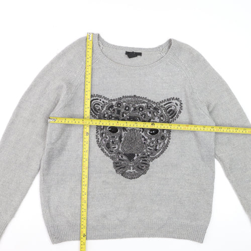 H&M Women Grey Beaded Animal Pullover Jumper Size 12