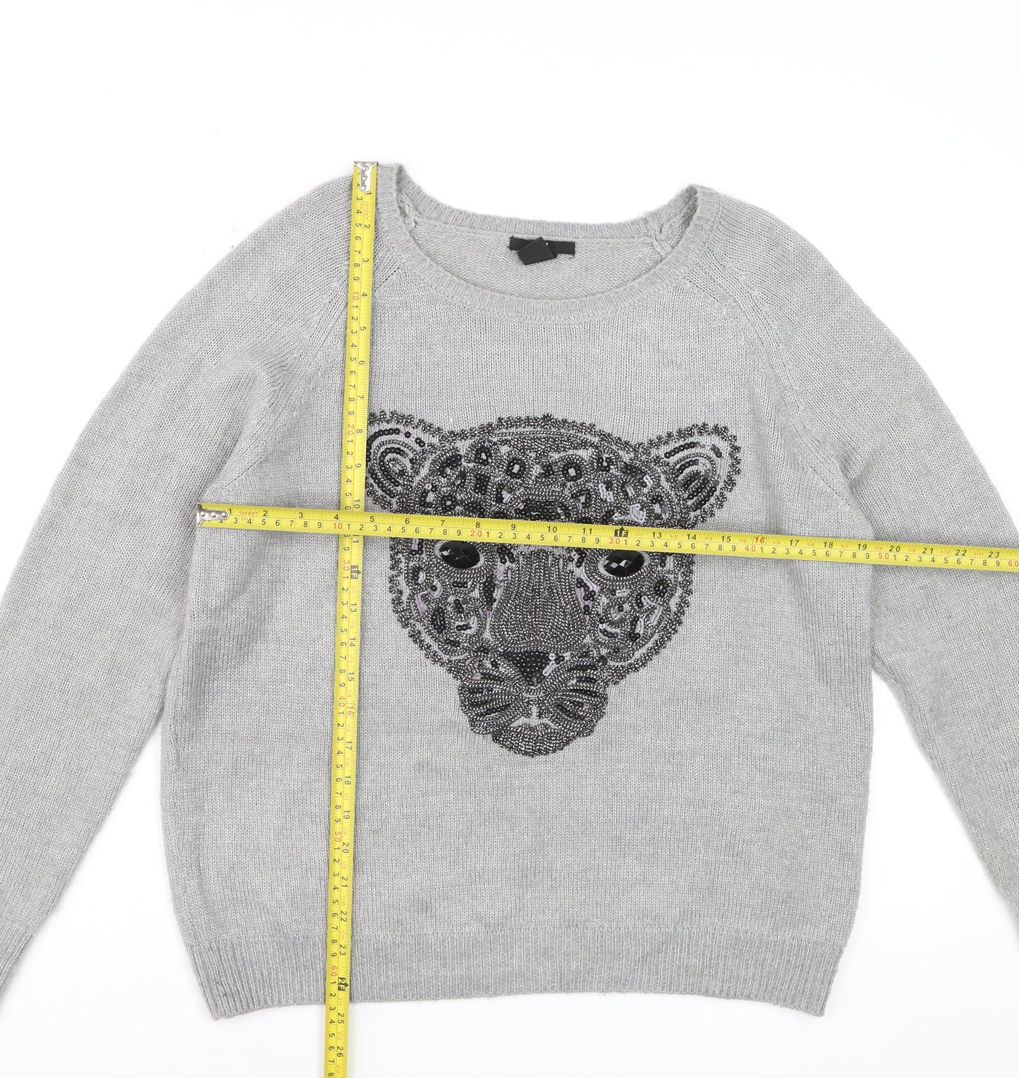 H&M Women Grey Beaded Animal Pullover Jumper Size 12