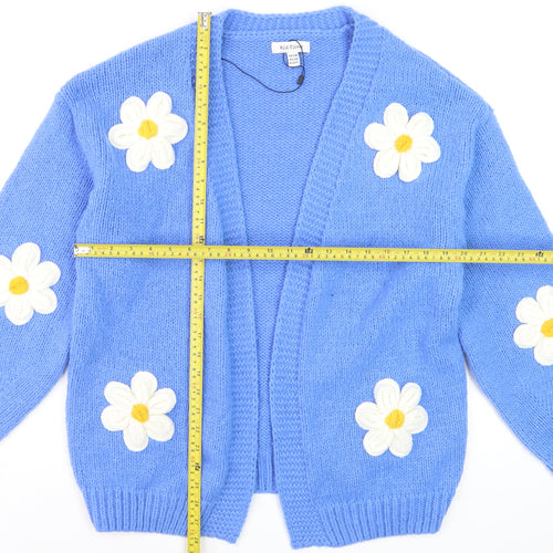 Wild Flower Women Blue Floral Knit Cardigan S V-Neck Long Sleeve