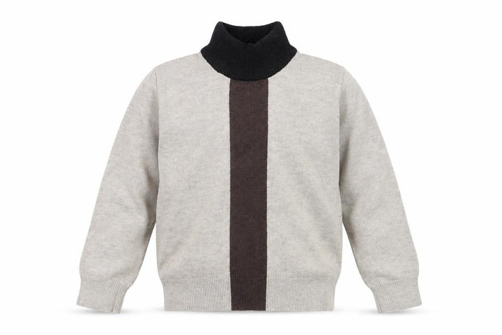 Front view of Harper James boys’ beige roll neck jumper, size 7, wool blend winter knit