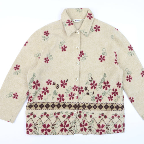 Damart Women Beige Floral Fleece Jacket Size 16 Button Front