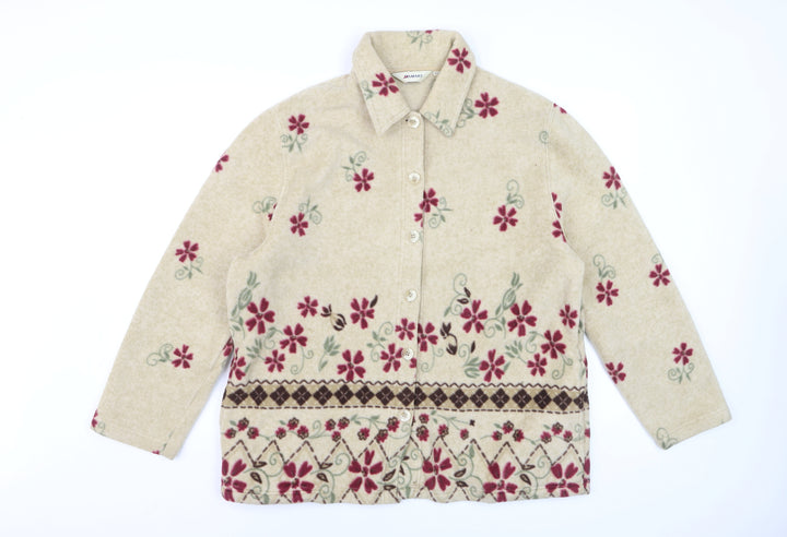 Damart Women Beige Floral Fleece Jacket Size 16 Button Front