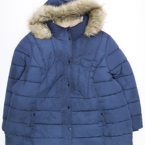 Yours Women Blue Faux Fur Hooded Long Puffer Coat Size 30-32