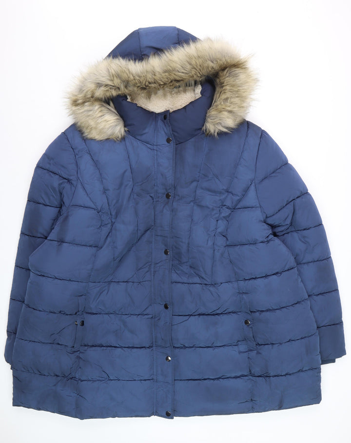 Yours Women Blue Faux Fur Hooded Long Puffer Coat Size 30-32