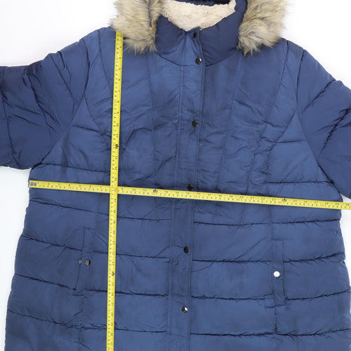 Yours Women Blue Faux Fur Hooded Long Puffer Coat Size 30-32