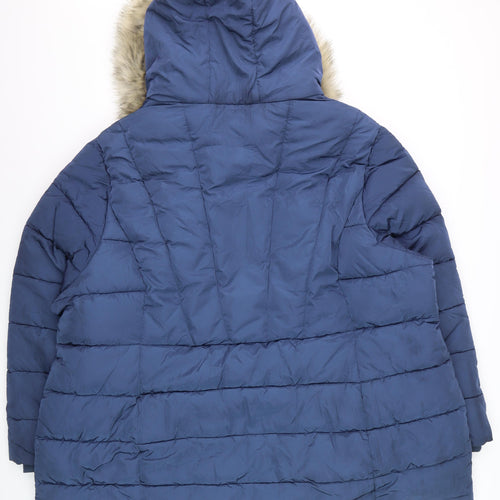 Yours Women Blue Faux Fur Hooded Long Puffer Coat Size 30-32