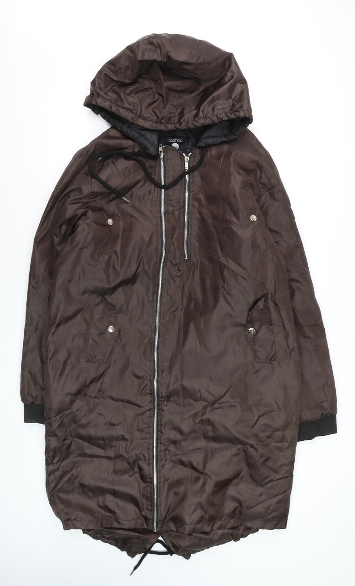 boohooMAN Men's Brown Hooded Long Parka Coat Size L Polyester Casual