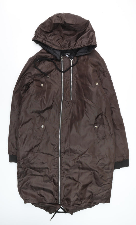 boohooMAN Men's Brown Hooded Long Parka Coat Size L Polyester Casual