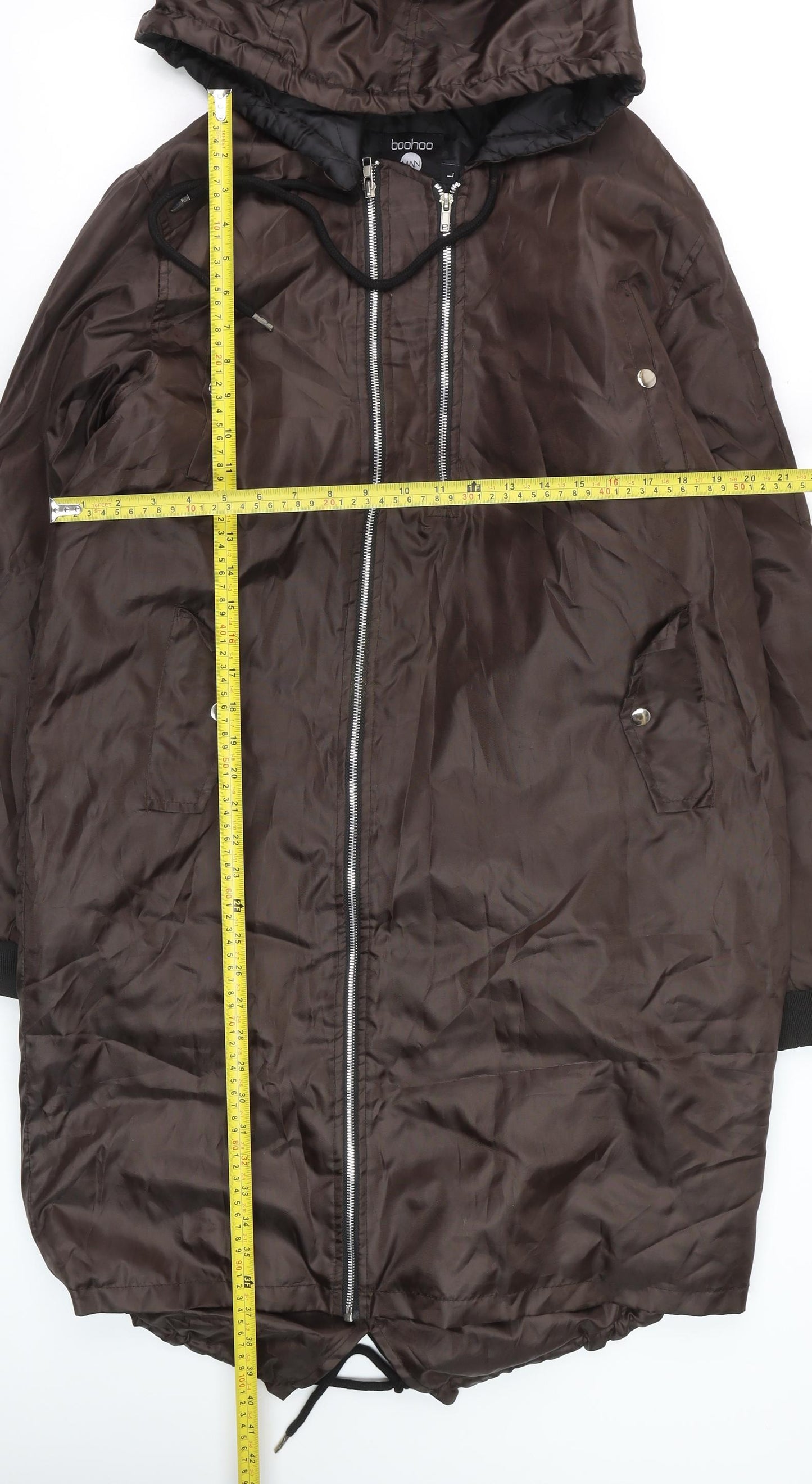 boohooMAN Men's Brown Hooded Long Parka Coat Size L Polyester Casual