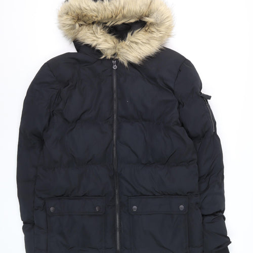 Fabric Men Black L Hooded Puffer Jacket with Faux Fur Trim