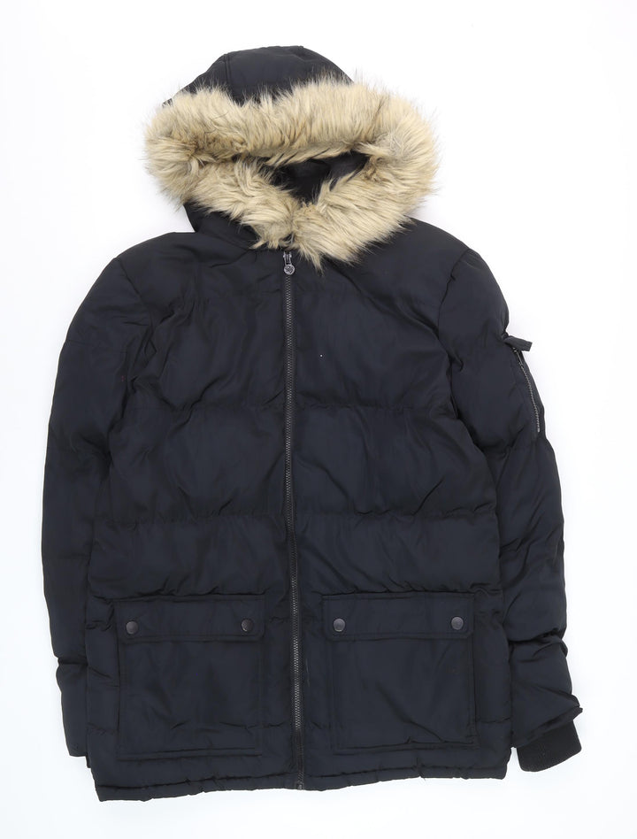 Fabric Men Black L Hooded Puffer Jacket with Faux Fur Trim