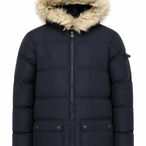 Fabric Men Black L Hooded Puffer Jacket with Faux Fur Trim
