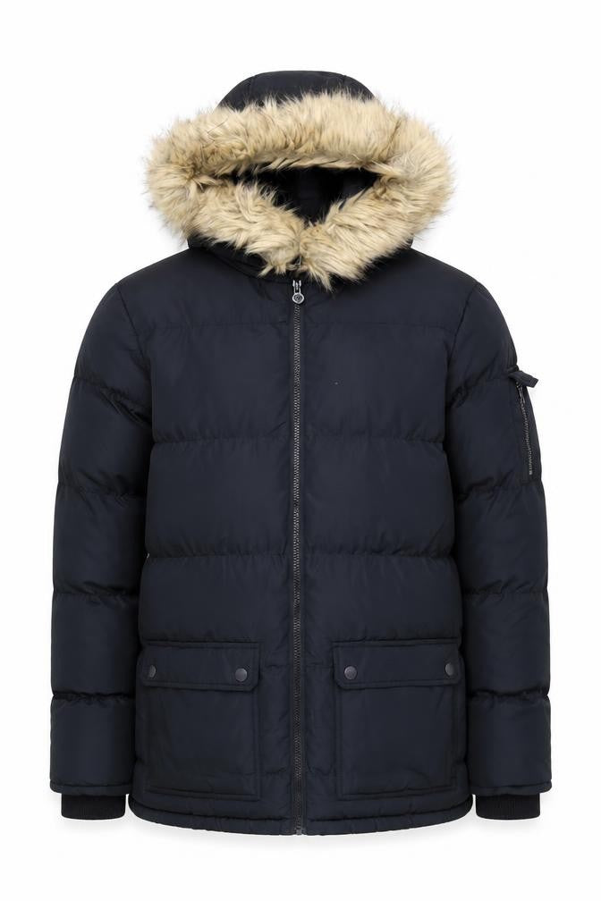 Fabric Men Black L Hooded Puffer Jacket with Faux Fur Trim