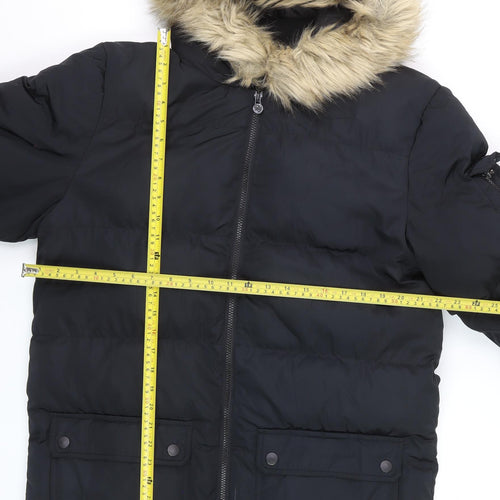 Fabric Men Black L Hooded Puffer Jacket with Faux Fur Trim