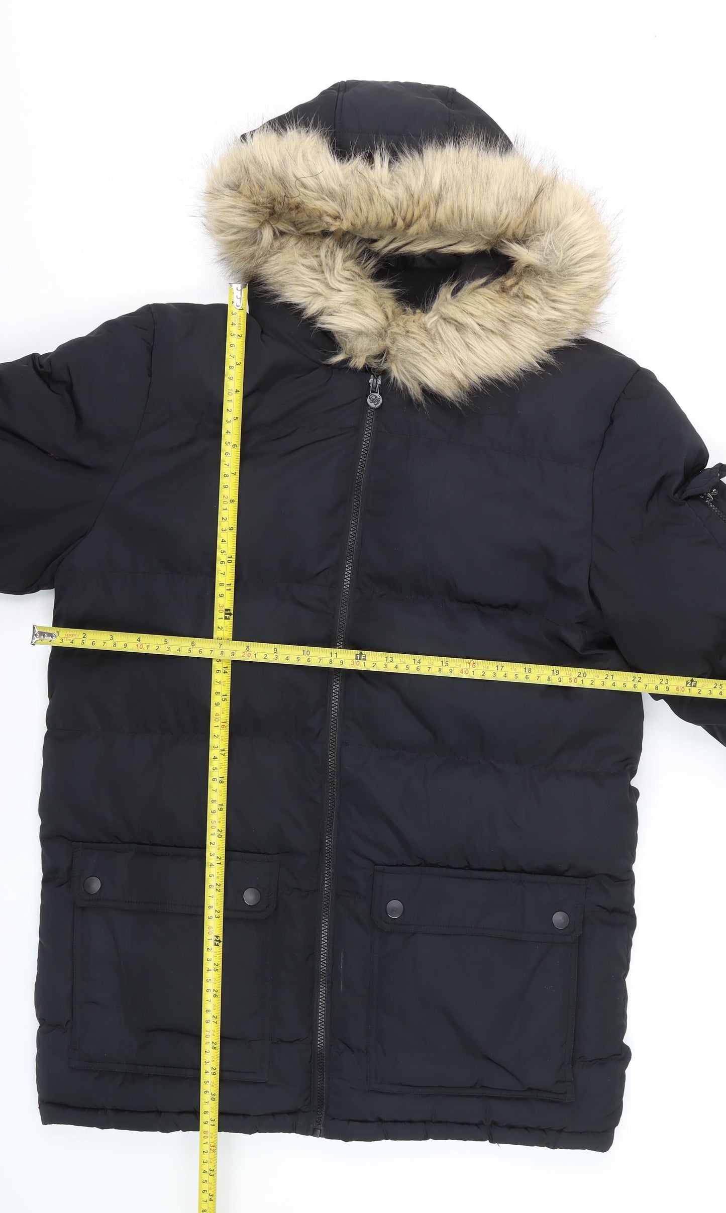Fabric Men Black L Hooded Puffer Jacket with Faux Fur Trim