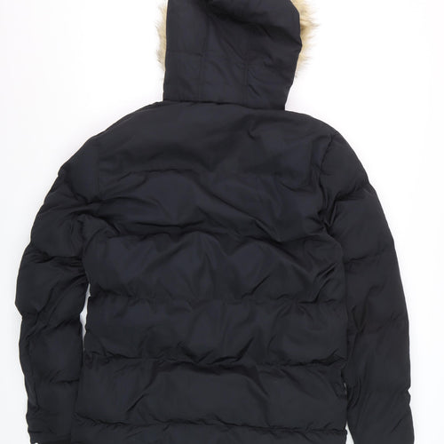 Fabric Men Black L Hooded Puffer Jacket with Faux Fur Trim