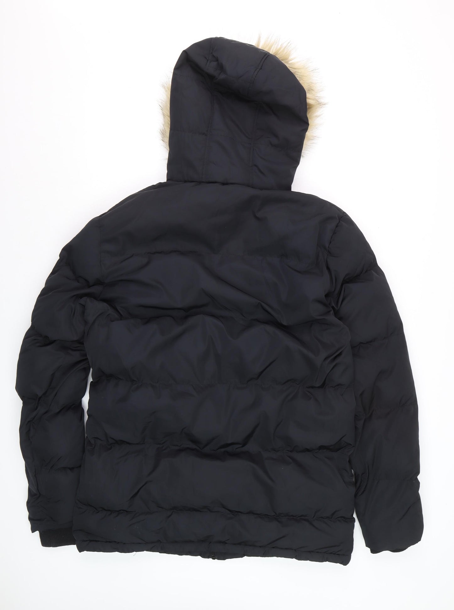Fabric Men Black L Hooded Puffer Jacket with Faux Fur Trim