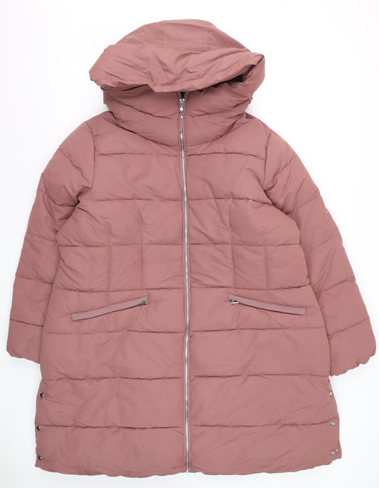 Next Women’s Pink Long Puffer Coat Size 22 Hooded Winter Jacket