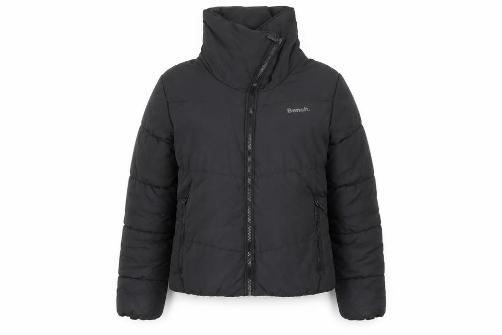 Front view of Bench Women's Black Puffer Jacket, size 12, Warm Quilted
