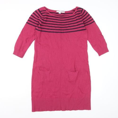 Boden Women Pink Striped Wool Jumper Dress UK 12 3/4 Sleeve Knit