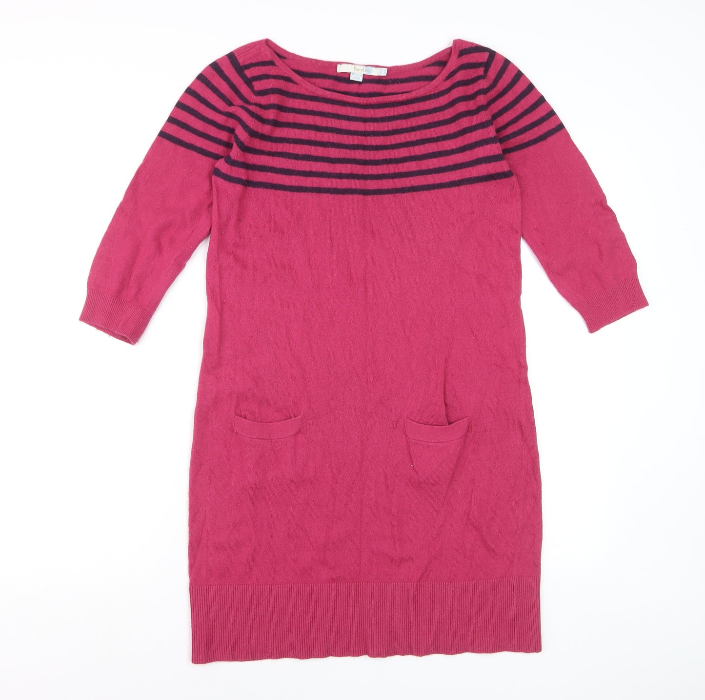 Boden Women Pink Striped Wool Jumper Dress UK 12 3/4 Sleeve Knit