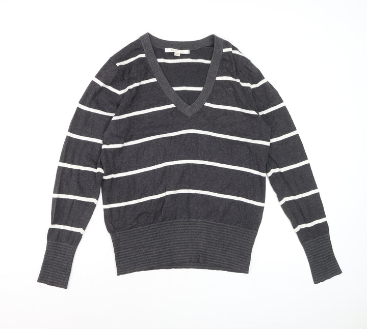 Kartel Women’s Grey Striped V-Neck Cotton Knit Jumper Size 12